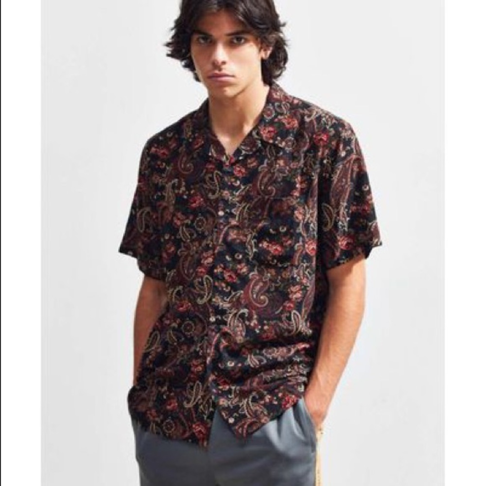 UO ornate paisley rayon short sleeve button down